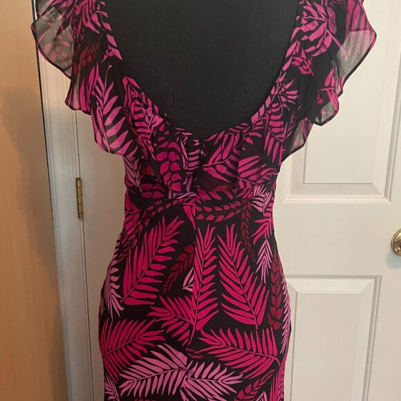 RIXO Antoinette Pink Palm Print Frilly Sleeve 100% Silk Midi Dress (Size S/P) - Picture 8 of 16